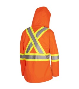 Women's high-visibility orange waterproof jacket, Pioneer model 5626W, reflective tape, sizes XS to 4XL