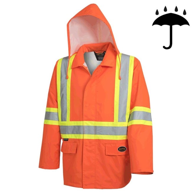 Men's high-visibility orange waterproof jacket, Pioneer model 5626, reflective tape, sizes S to 5XL