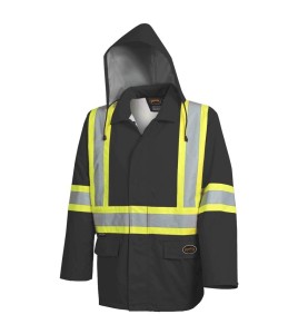 Men's high-visibility black waterproof jacket, Pioneer model 5628BK, reflective tape, sizes S to 5XL