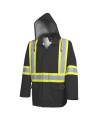 Men's high-visibility black waterproof jacket, Pioneer model 5628BK, reflective tape, sizes S to 5XL