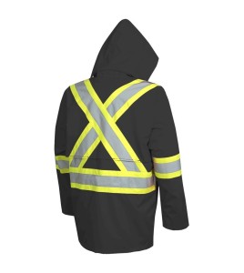 Men's high-visibility black waterproof jacket, Pioneer model 5628BK, reflective tape, sizes S to 5XL