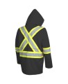 Men's high-visibility black waterproof jacket, Pioneer model 5628BK, reflective tape, sizes S to 5XL