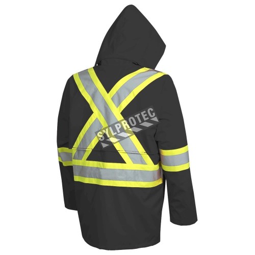 Men&#039;s high-visibility black waterproof jacket, Pioneer model 5628BK, reflective tape, sizes S to 5XL