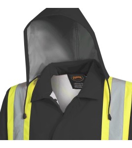 Men's high-visibility black waterproof jacket, Pioneer model 5628BK, reflective tape, sizes S to 5XL