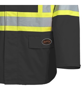 Men's high-visibility black waterproof jacket, Pioneer model 5628BK, reflective tape, sizes S to 5XL