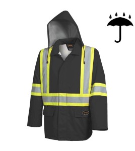 Men's high-visibility black waterproof jacket, Pioneer model 5628BK, reflective tape, sizes S to 5XL