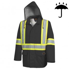 Men's high-visibility black waterproof jacket, Pioneer model 5628BK, reflective tape, sizes S to 5XL