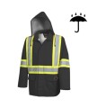 Men's high-visibility black waterproof jacket, Pioneer model 5628BK, reflective tape, sizes S to 5XL