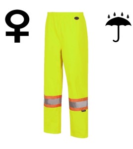 Women's high-visibility yellow waterproof pant, Pioneer model 5629W, reflective tape, sizes XS to 4XL