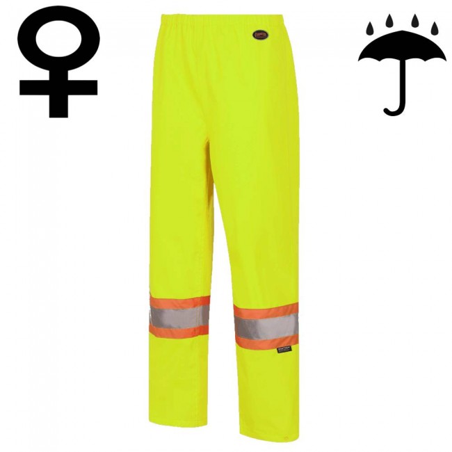 Women's high-visibility yellow waterproof pant, Pioneer model 5629W, reflective tape, sizes XS to 4XL