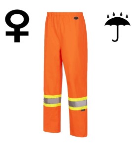 Women's high-visibility orange waterproof pant, Pioneer model 5627W, reflective tape, sizes XS to 4XL