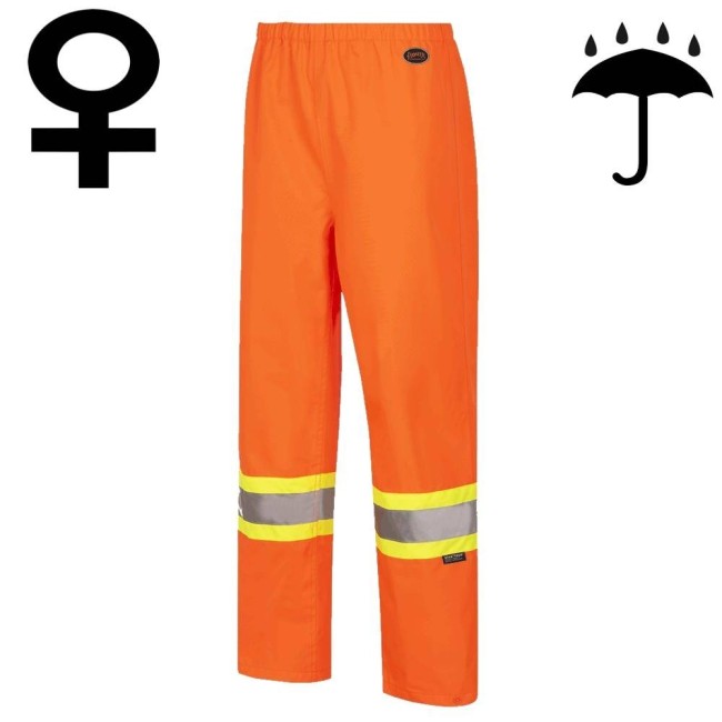 Women's high-visibility orange waterproof pant, Pioneer model 5627W, reflective tape, sizes XS to 4XL