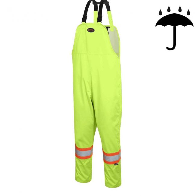 Yellow waterproof bib pants polyester-PU, 300 D with reflective stripes, Pioneer 5629, sizes S to 5XL