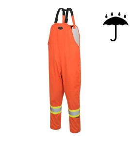 Orange waterproof bib pants polyester-PU, 300 D with reflective stripes, Pioneer 5627, sizes S to 5XL