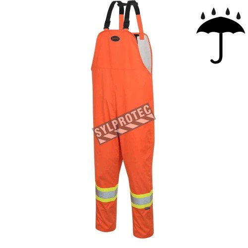 Orange waterproof bib pants polyester-PU, 300 D with reflective stripes, Pioneer 5627, sizes S to 5XL