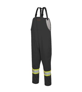 Black waterproof bib pants polyester-PU, 300 D with reflective stripes, Pioneer 5629BK, sizes S to 5XL