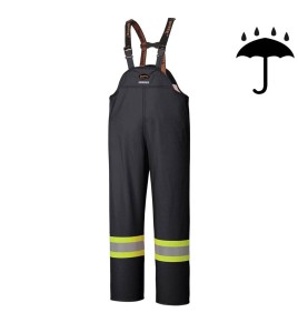 Black waterproof bib pants polyester-PU, 300 D with reflective stripes, Pioneer 5629BK, sizes S to 5XL