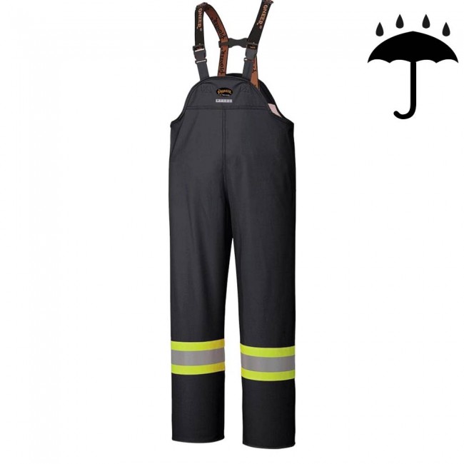 Black waterproof bib pants polyester-PU, 300 D with reflective stripes, Pioneer 5629BK, sizes S to 5XL