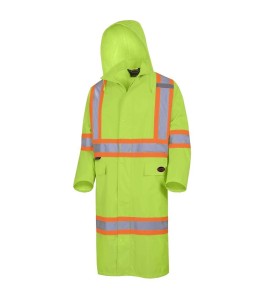 High-visibility yellow waterproof long coat, Pioneer model 5631, reflective tape, size S to 5XL