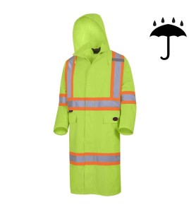 High-visibility yellow waterproof long coat, Pioneer model 5631, reflective tape, size S to 5XL