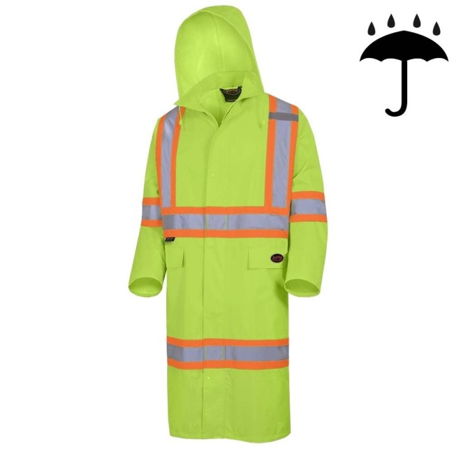 High-visibility yellow waterproof long coat, Pioneer model 5631, reflective tape, size S to 5XL