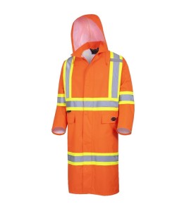 High-visibility orange waterproof long coat, Pioneer model 5630, reflective stripe, size S to 5XL