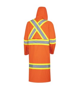 High-visibility orange waterproof long coat, Pioneer model 5630, reflective stripe, size S to 5XL