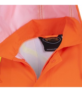 High-visibility orange waterproof long coat, Pioneer model 5630, reflective stripe, size S to 5XL