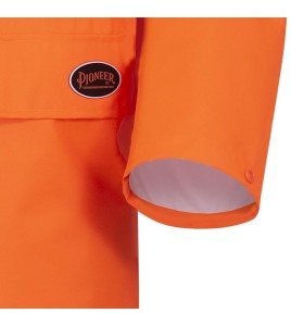 High-visibility orange waterproof long coat, Pioneer model 5630, reflective stripe, size S to 5XL