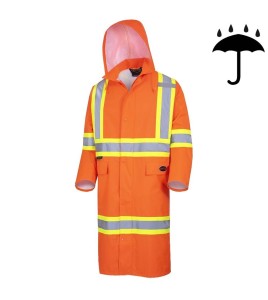 High-visibility orange waterproof long coat, Pioneer model 5630, reflective stripe, size S to 5XL