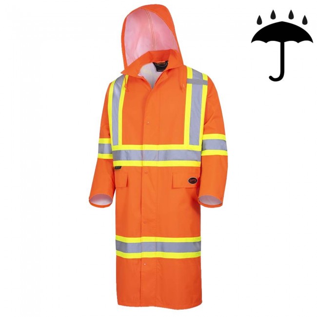 High-visibility orange waterproof long coat, Pioneer model 5630, reflective stripe, size S to 5XL