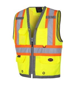 Veste d’arpenteur haute visibilité jaune fluorescente, à bandes rétroréfléchissantes argentées et jaune fluorescentes