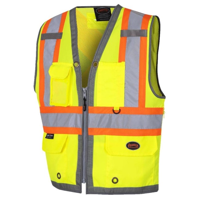 Veste d’arpenteur haute visibilité jaune fluorescente, à bandes rétroréfléchissantes argentées et jaune fluorescentes