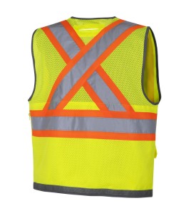 Veste d’arpenteur haute visibilité jaune fluorescente, à bandes rétroréfléchissantes argentées et jaune fluorescentes