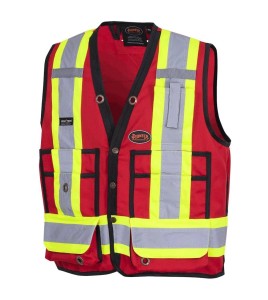 Veste de sécurité d’arpenteur, basse visibilité rouge 150D, 16 poches avec fermeture à bouton pression, vendue à l’unité