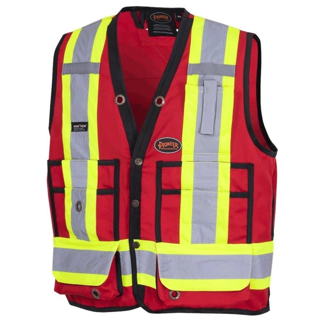 Veste de sécurité d’arpenteur, basse visibilité rouge 150D, 16 poches avec fermeture à bouton pression, vendue à l’unité