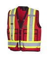 Veste de sécurité d’arpenteur, basse visibilité rouge 150D, 16 poches avec fermeture à bouton pression, vendue à l’unité