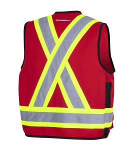 Veste de sécurité d’arpenteur, basse visibilité rouge 150D, 16 poches avec fermeture à bouton pression, vendue à l’unité