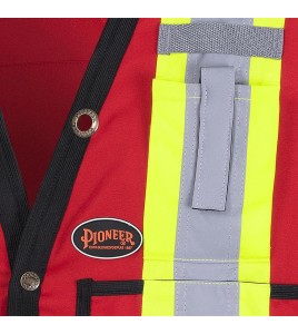 Veste de sécurité d’arpenteur, basse visibilité rouge 150D, 16 poches avec fermeture à bouton pression, vendue à l’unité