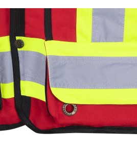 Veste de sécurité d’arpenteur, basse visibilité rouge 150D, 16 poches avec fermeture à bouton pression, vendue à l’unité