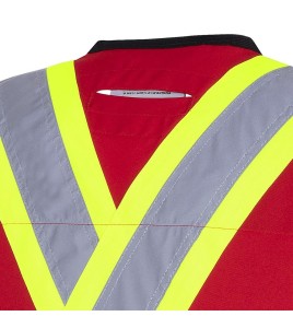 Veste de sécurité d’arpenteur, basse visibilité rouge 150D, 16 poches avec fermeture à bouton pression, vendue à l’unité