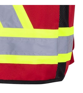 Veste de sécurité d’arpenteur, basse visibilité rouge 150D, 16 poches avec fermeture à bouton pression, vendue à l’unité