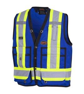 Veste de sécurité d’arpenteur, basse visibilité bleu 150D, 16 poches avec fermeture à bouton pression, vendue à l’unité