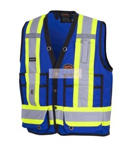 Veste de sécurité d’arpenteur, basse visibilité bleu 150D, 16 poches avec fermeture à bouton pression, vendue à l’unité