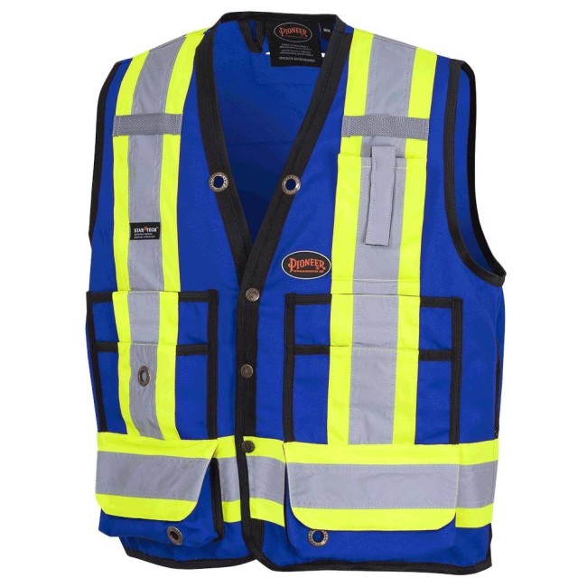 Veste de sécurité d’arpenteur, basse visibilité bleu 150D, 16 poches avec fermeture à bouton pression, vendue à l’unité