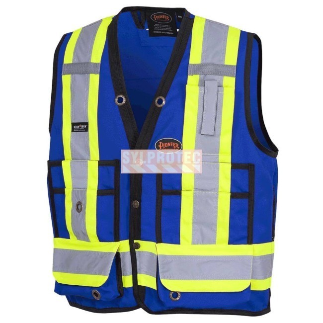 Veste de sécurité d’arpenteur, basse visibilité bleu 150D, 16 poches avec fermeture à bouton pression, vendue à l’unité