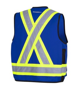 Veste de sécurité d’arpenteur, basse visibilité bleu 150D, 16 poches avec fermeture à bouton pression, vendue à l’unité