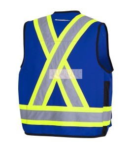 Veste de sécurité d’arpenteur, basse visibilité bleu 150D, 16 poches avec fermeture à bouton pression, vendue à l’unité