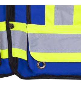 Veste de sécurité d’arpenteur, basse visibilité bleu 150D, 16 poches avec fermeture à bouton pression, vendue à l’unité