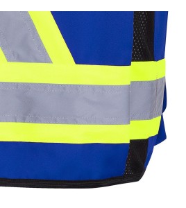 Veste de sécurité d’arpenteur, basse visibilité bleu 150D, 16 poches avec fermeture à bouton pression, vendue à l’unité